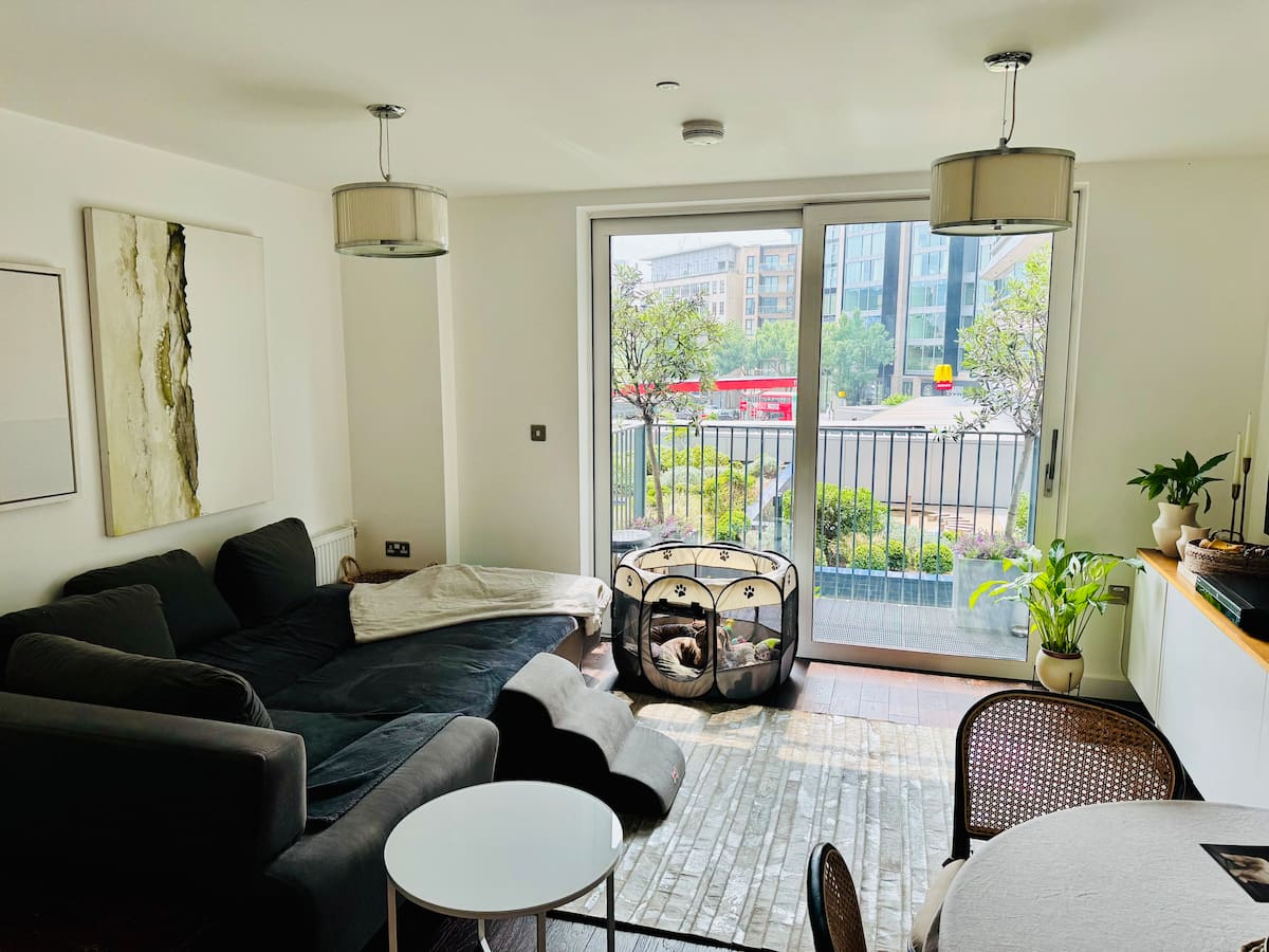The living space and balcony — with Percy's corner